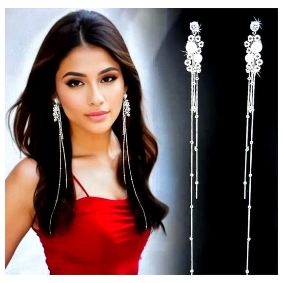 Long Tassel Elegant Silver Dangle Fashion Earrings 11" - Picture 8 of 10
